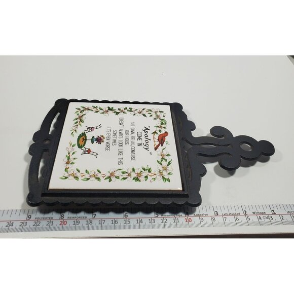 MCM Cast Metal Ceramic Tile Wall Plaque Trivet Vintage Apology Birds Flowers - Picture 7 of 14
